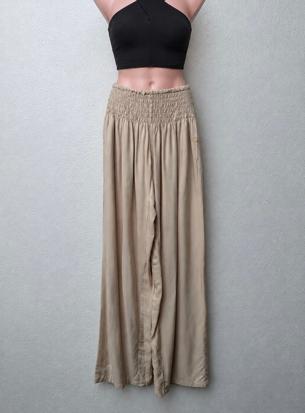PIYOGA Beige Smocked Palazzo Pants Women US 0-12